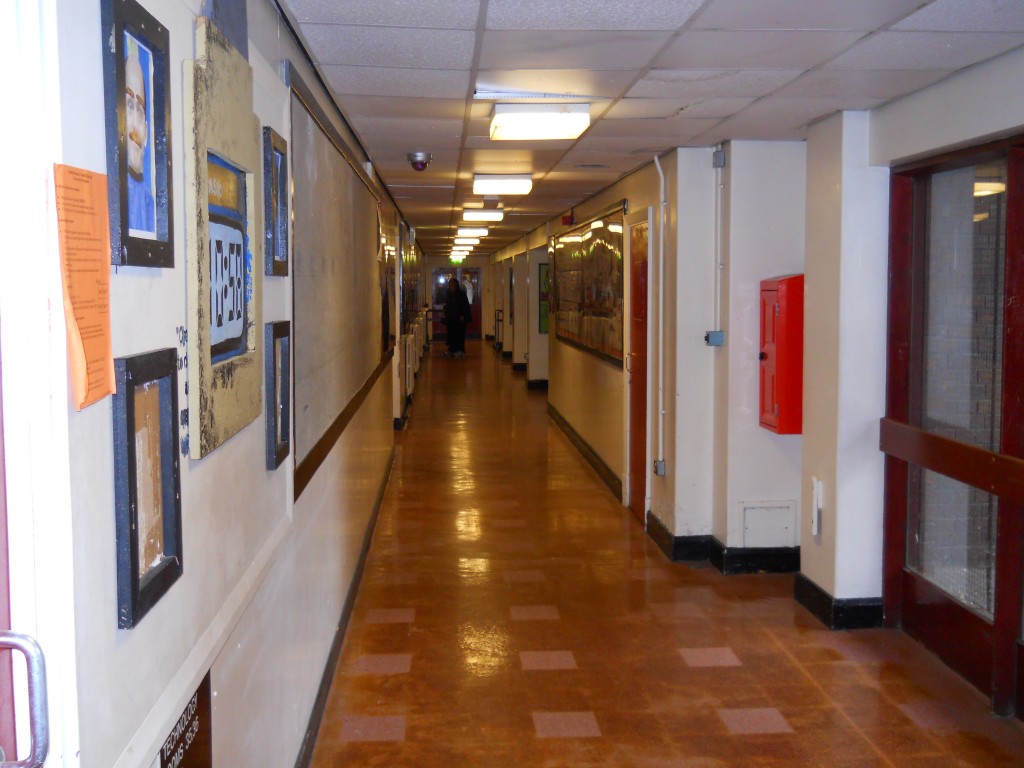 Main corridor with school hall to right and gym on the left
